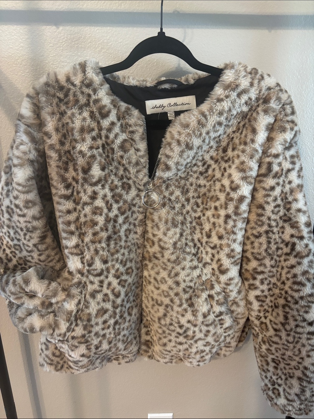 Sebby Collection Beige Leopard Faux Fur Teddy Jacket